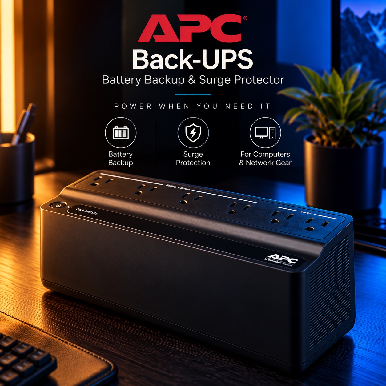 APC Back-UPS battery backup and surge protector for computers and network equipment