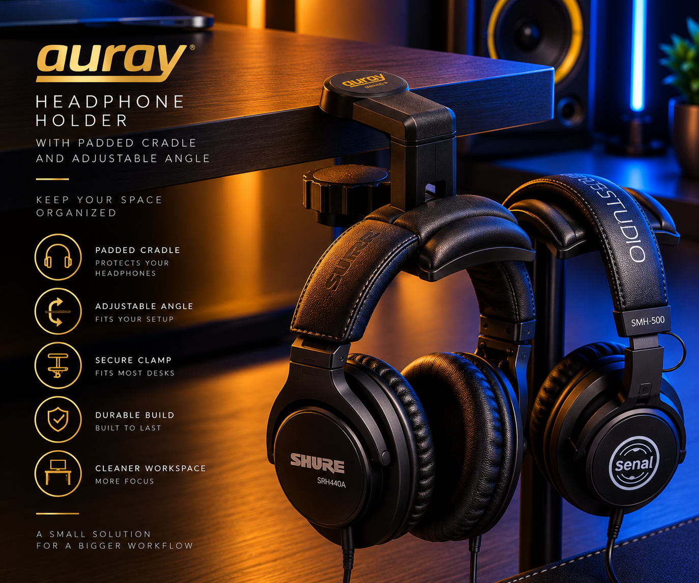 Auray headphone holder clamped to a studio desk with two headphones
