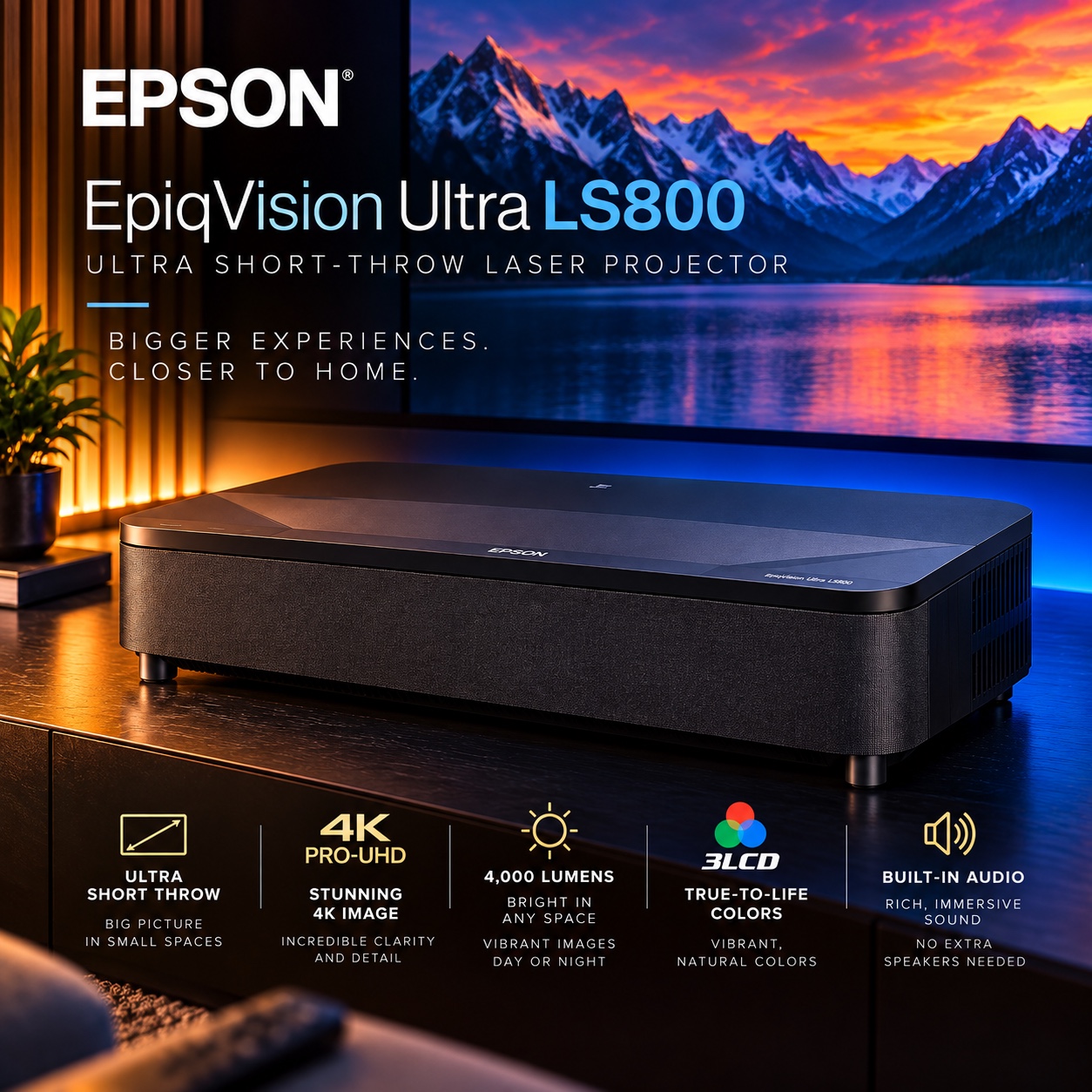 Epson EpiqVision Ultra LS800 ultra-short-throw laser projector in a home theater