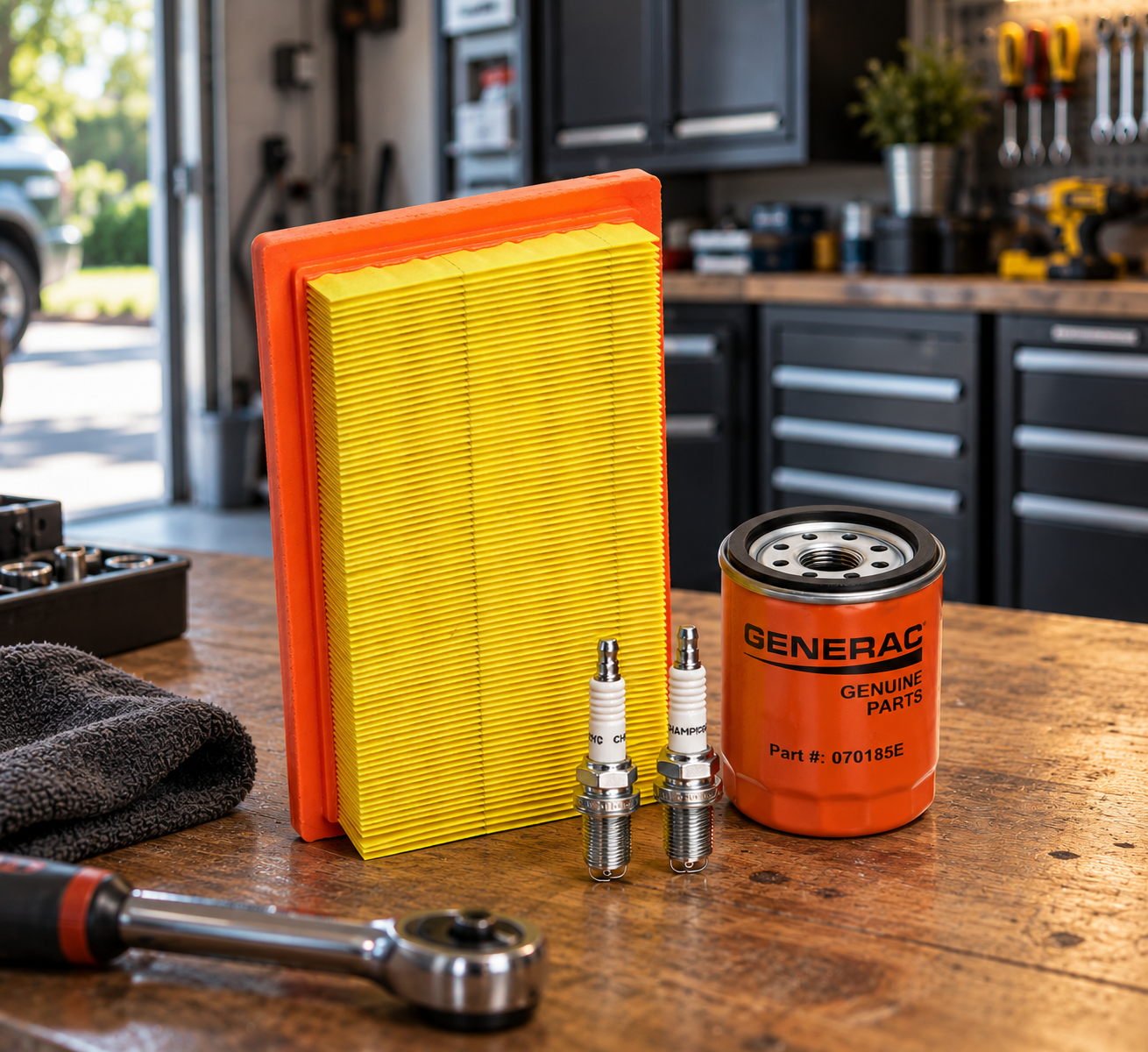 Generac generator maintenance kit with air filter, oil filter and two spark plugs