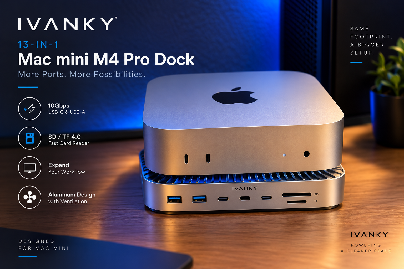 iVANKY 13-in-1 dock installed beneath a Mac mini M4 Pro