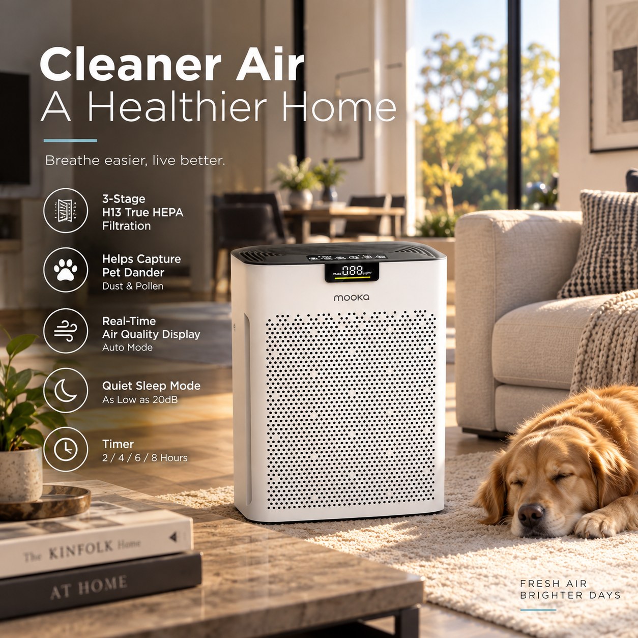 MOOKA air purifier in a bright living room with a dog resting nearby