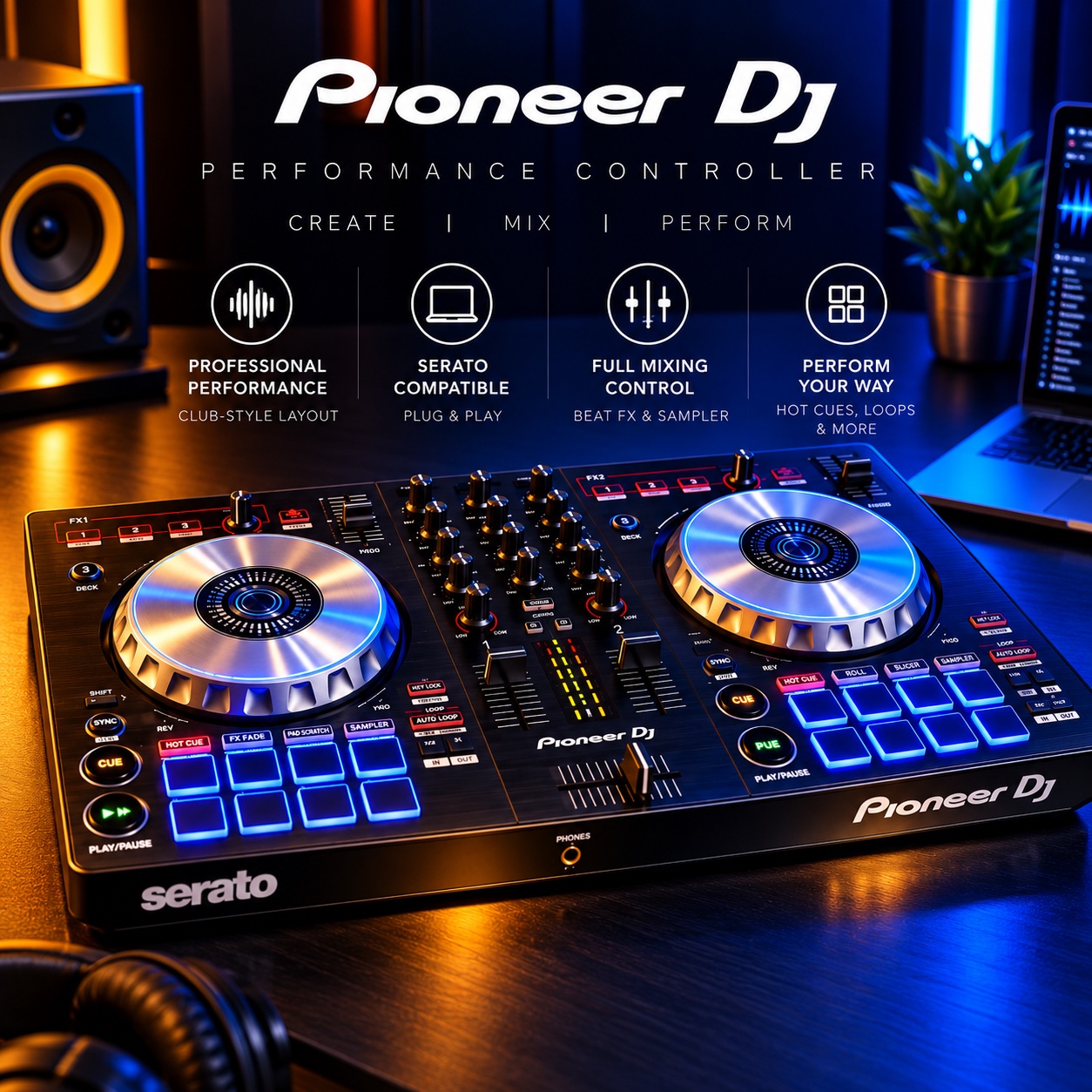 Pioneer DJ controller with jog wheels, mixer controls and performance pads