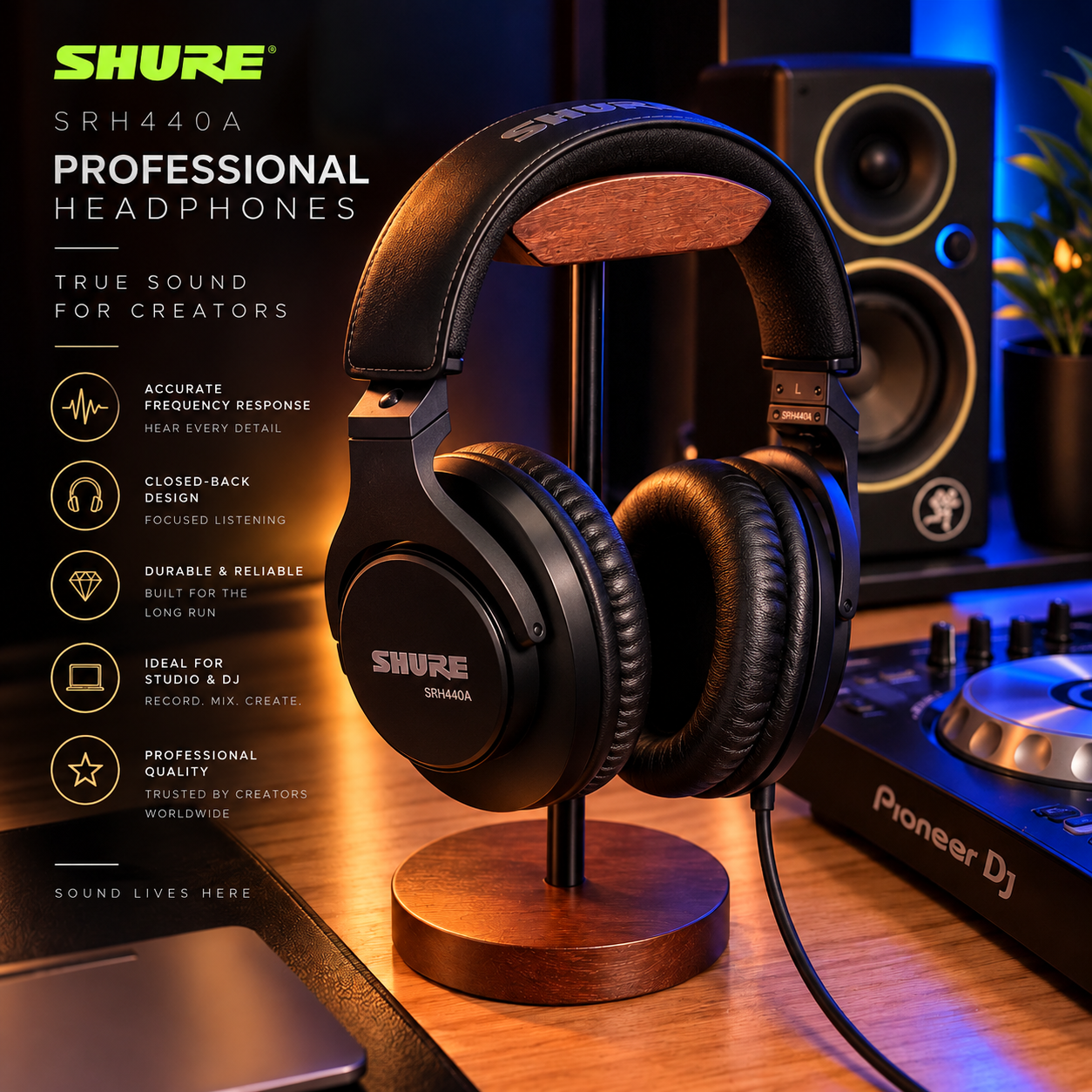 Headphone stand shown holding a pair of studio headphones