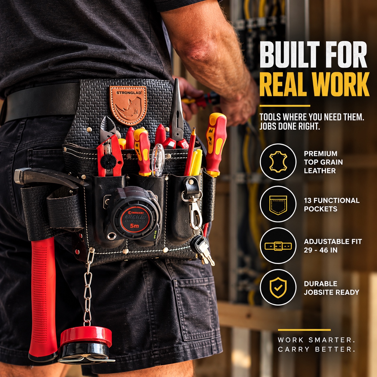 STRONGLAD leather electrician’s tool belt with 13 pockets and adjustable fit