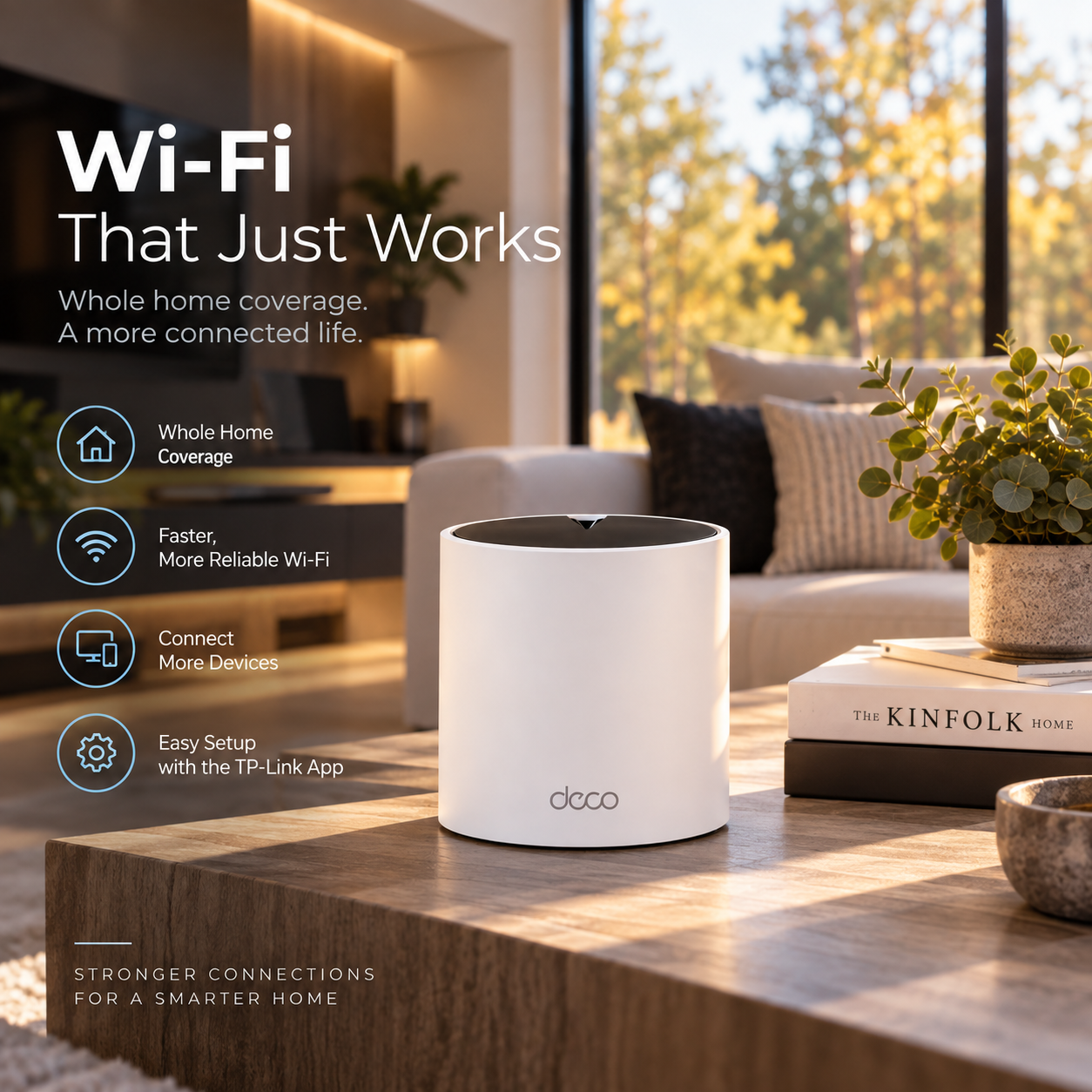 TP-Link Deco mesh Wi-Fi unit in a contemporary living room