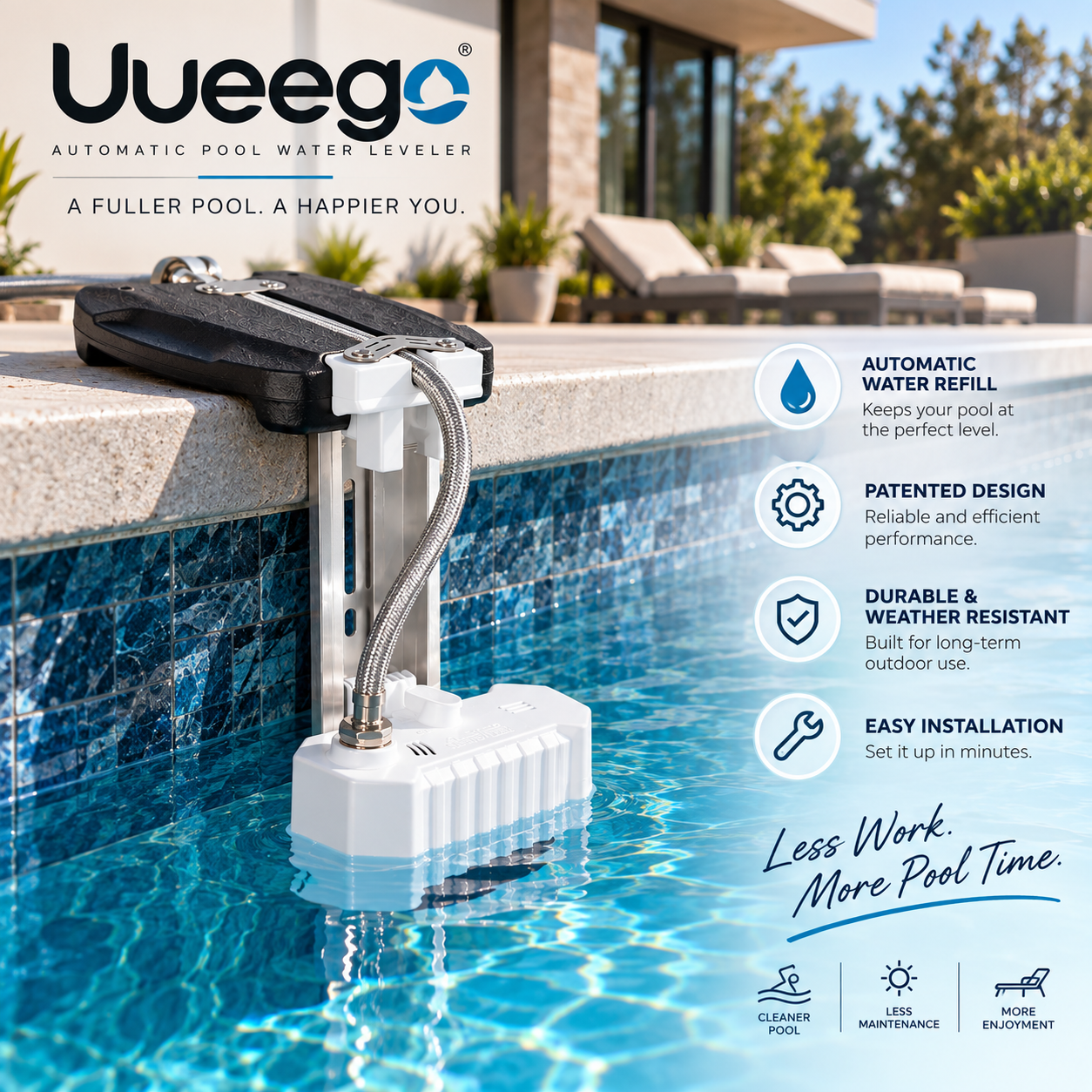 Uueego automatic pool water leveler installed on the edge of a swimming pool